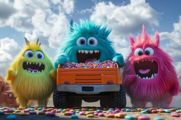 Furry Monsters Enjoying Candy Outdoors Together