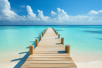 Fototapeta premium light wooden jetty on a beautiful clear turquoise ocean on a beach in the Maldives, wallpaper, generative AI
