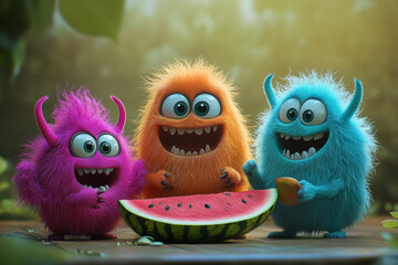 Fototapeta premium Furry Monsters Enjoying Watermelon Outdoors