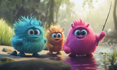 Furry Monsters Fishing by a Peaceful River
