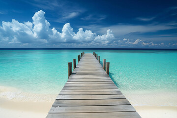 Obraz premium light wooden jetty on a beautiful clear turquoise ocean on a beach in the Maldives, wallpaper, generative AI