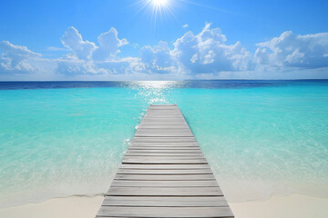 Fototapeta premium light wooden jetty on a beautiful clear turquoise ocean on a beach in the Maldives, wallpaper, generative AI