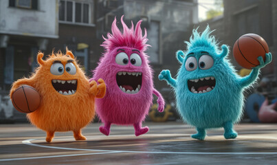 Furry Monsters Playing Basketball Outdoors