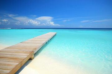 light wooden jetty on a beautiful clear turquoise ocean on a beach in the Maldives, wallpaper, generative AI