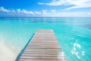 light wooden jetty on a beautiful clear turquoise ocean on a beach in the Maldives, wallpaper, generative AI