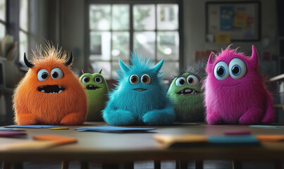 Furry Monsters Sitting in a Classroom