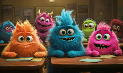Furry Monsters Learning Together in a Classroom