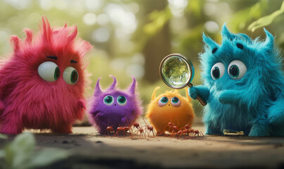 Furry Monsters Exploring Ants with Magnifying Glass