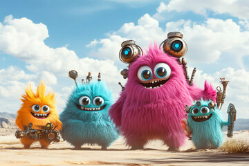 Furry Monsters in Desert with Futuristic Gear