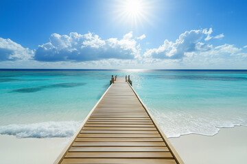 Obraz premium light wooden jetty on a beautiful clear turquoise ocean on a beach in the Maldives, wallpaper, generative AI