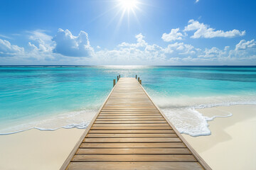Fototapeta premium light wooden jetty on a beautiful clear turquoise ocean on a beach in the Maldives, wallpaper, generative AI