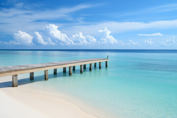 Fototapeta premium light wooden jetty on a beautiful clear turquoise ocean on a beach in the Maldives, wallpaper, generative AI