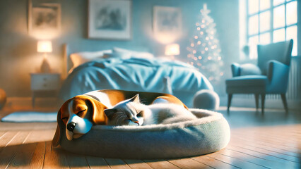 Beagle and a Ragdoll cat napping together in a large pet bed.