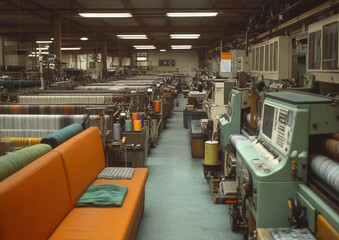 Industrial Textile Machinery in Large Factory with Spools of Fabric and Operational Control Panels along the Production Line