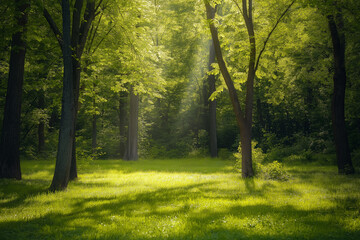 Naklejka premium beautiful green forest on a beautiful sunny day, generative AI