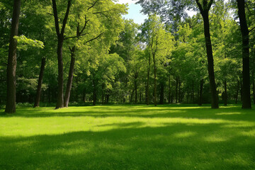 green grassy glade in a beautiful green forest on a sunny day, generative AI