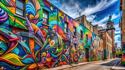 Vibrant graffiti mural on a weathered city wall, featuring abstract shapes and bold colors, adds a dynamic touch to the urban streetscape.