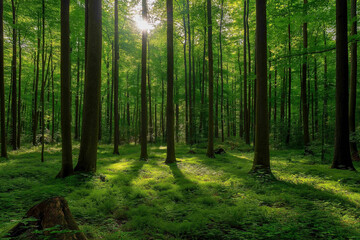 beautiful green forest on a beautiful sunny day, generative AI