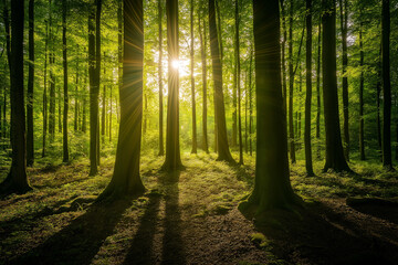 Obraz premium beautiful green forest on a beautiful sunny day, generative AI