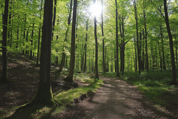 Naklejka premium beautiful green forest on a beautiful sunny day, generative AI