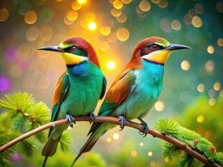 Fototapeta premium Vibrant green background showcases two perched birds boasting iridescent feathers in shimmering hues, creating a stunning visual contrast in this mesmerizing nature scene.