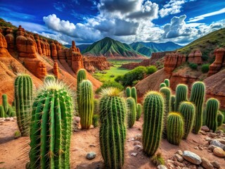 Fototapeta premium Vibrant green cacti thrive amidst rust-red rock formations and arid terrain in the stunning desert landscape of Huila, Colombia, showcasing nature's contrasts.