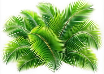 Obraz premium Vibrant green coconut palm leaves with intricate details and delicate fronds isolated on a clean white background, perfect for tropical and nature-themed designs.