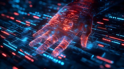 High-tech handprint with transparent biometric lines and circuits, combined with abstract soundwave graphics and AI neural network symbols in double exposure