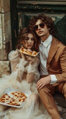 Obraz premium The bride and groom share a playful moment as they enjoy slices of pizza while dressed in formal wedding attire. Their relaxed demeanor showcases their joy