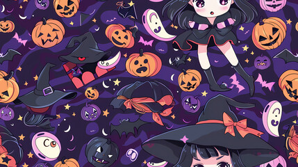 Fototapeta premium Anime Manga Halloween Witch Seamless Tile Pattern Design