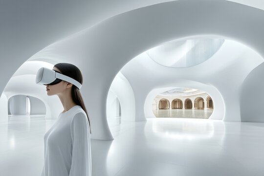 A minimalist futuristic scene of a person in a bright white abstract architectural space wearing a VR headset representing the intersection of cutting edge design and digital immersion