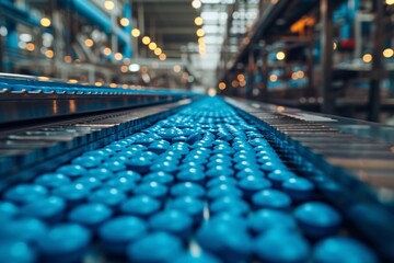 Obraz premium Close-up view of blue tablets moving along a production line in a pharmaceutical factory, highlighting modern manufacturing processes and quality control.