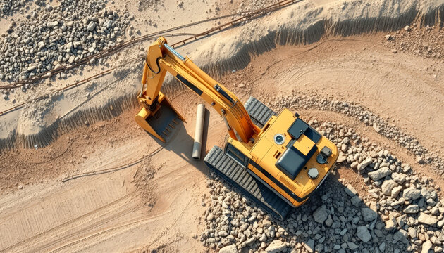 Yellow excavator working digging on sand quarry. Construction works machinery. AI generated