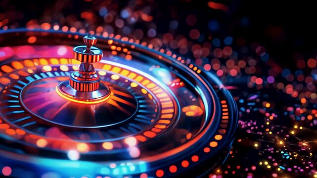 Spinning roulette in a lively casino with colorful lights and a vibrant atmosphere.