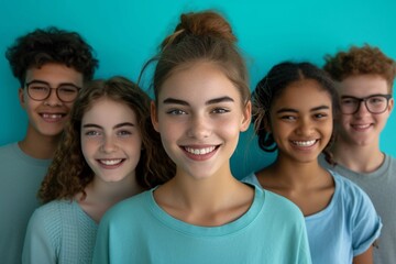 Obraz premium A vibrant photo featuring five cheerful teenagers with different backgrounds, showcasing friendship and unity in a bright turquoise setting.
