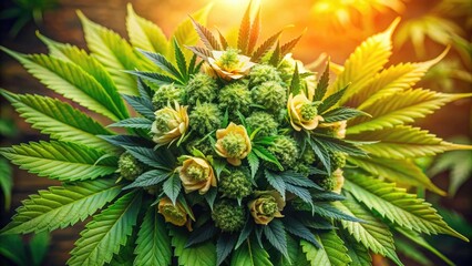 Vibrant green marijuana buds arranged in a elegant floral bouquet, surrounded by lush leaves and delicate petals, against a soft, natural light background.