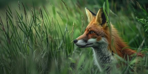 Obraz premium Cautious Observation of a Wild Red Fox in Dense Grass