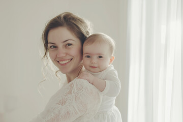 young beautiful happy woman hugs baby in white room, generative AI