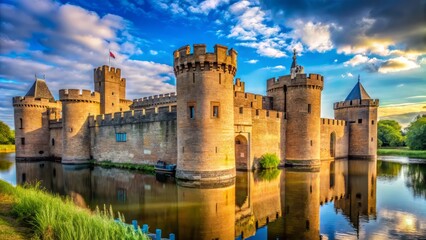 Secluded citadel surrounded by majestic walls, guarded by loyal soldiers, and adorned with flags bearing the royal crest, a symbol of regal authority and strength.