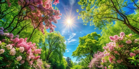 Obraz premium Vibrant green trees and blooming flowers stretch towards the sky on a sunny summer day, surrounded by lush foliage and a serene natural atmosphere.