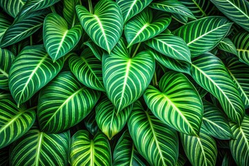 Vibrant green tropical plant leaves showcase intricate vein patterns and textured surfaces in a stunning close-up, highlighting the natural beauty of the jungle's lush foliage.