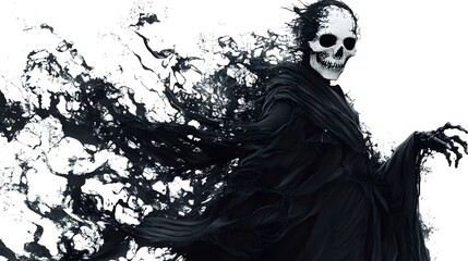 A tattered dress draped on a skeletal samurai, detailed Halloween party mask on face, digital illustration, dark and eerie tones, isolated on white background