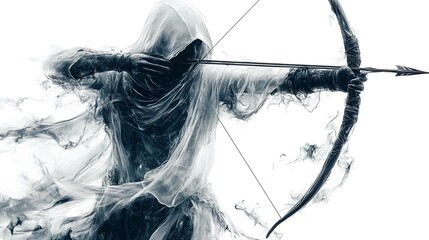 Fototapeta premium A translucent ghost archer mid-shot, eerie masks hovering, dark fantasy style, high contrast, isolated on white background