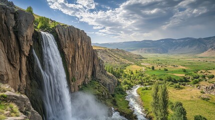 Panoramic image of Tortum (Uzundere) waterfall from down in Uzundere. Landscape view of Tortum Waterfall in Tortum,Erzurum,Turkey. Explore the world's beauty and wildlife , ai