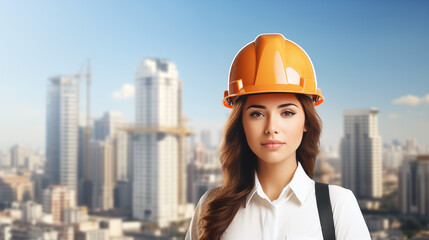 A girl engineer in a safety helmet against the background of the construction of an apartment complex.