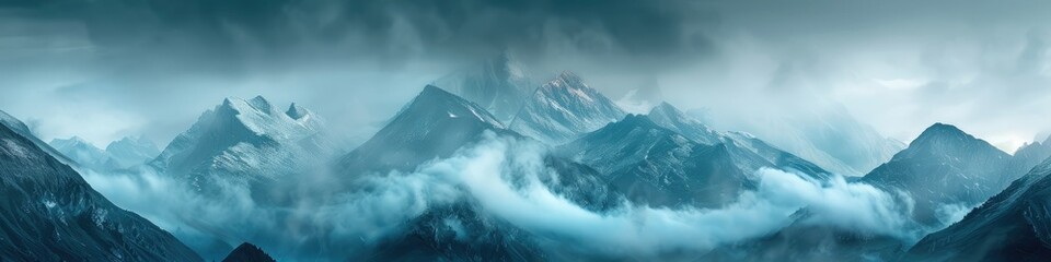 Mysterious mountain scenery featuring towering peaks concealed by heavy fog and rainy conditions, showcasing a panoramic view of summits surrounded by thick clouds as dawn unfolds.