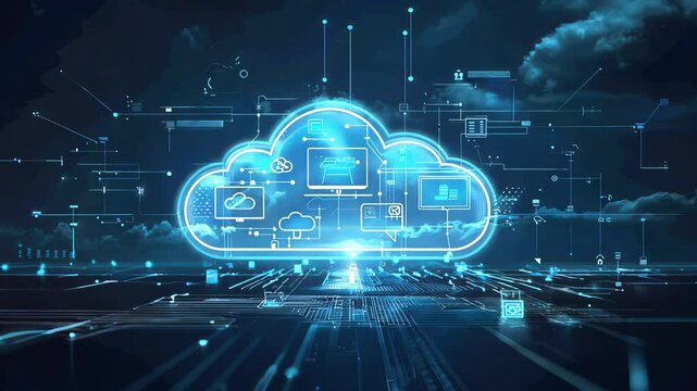 A futuristic cloud computing concept showcasing digital data and technology in a vibrant, high-tech environment.