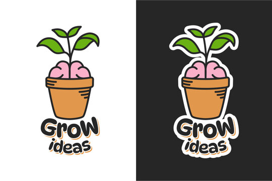 A design featuring a brain in a pot with a growing plant, accompanied by the text grow ideas.
