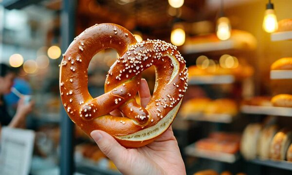 Hand holding a pretzel with bakery background
