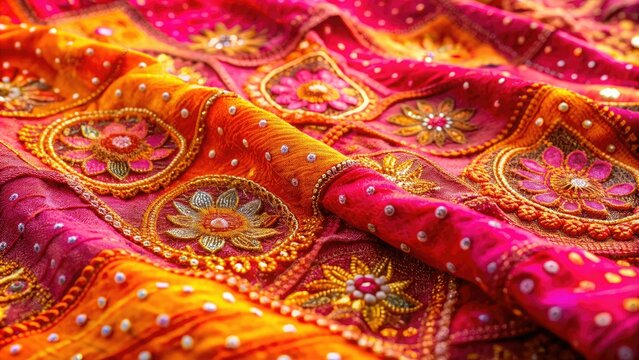 Vibrant Indian chunri fabric with intricate gradient patterns of pink, orange, and yellow hues, textured with subtle embroidery and delicate lace trim.